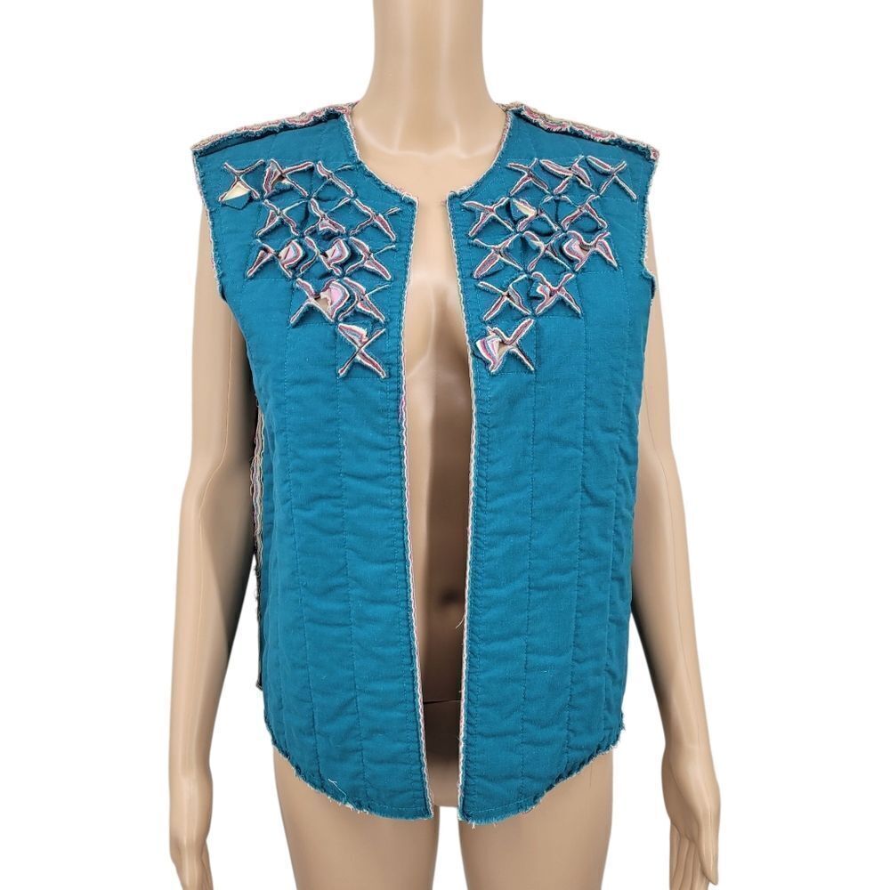 Vintage Handmade Teal Sleeveless Quilt Quilted Vest with Details